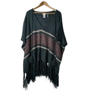 Free People Striped Fringe Juno Boucle Boho Poncho Sweater Green Tassel Women OS